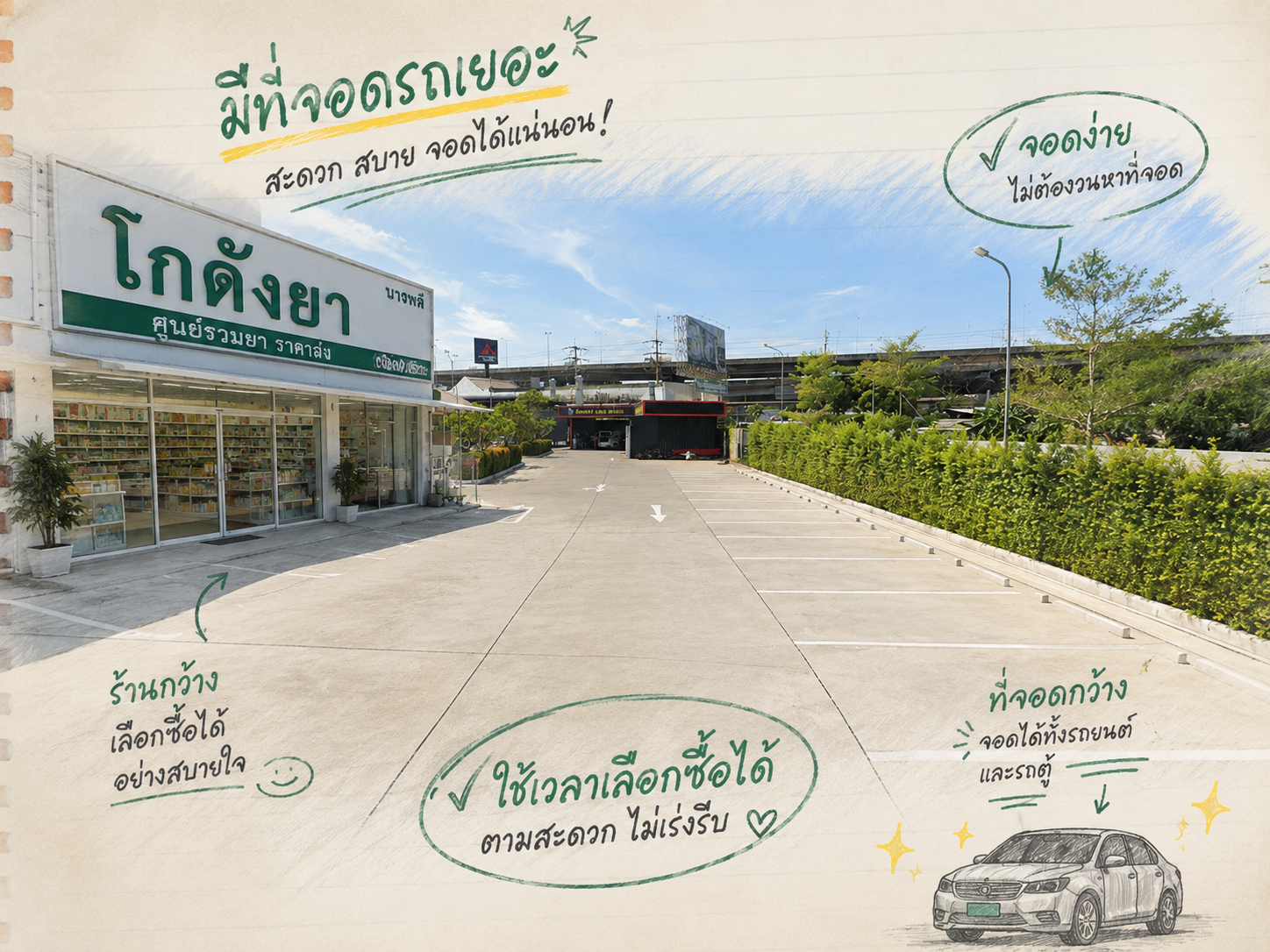 หน้าร้านโกดังยา บางพลี พร้อมที่จอดรถกว้างขวางสะดวกสบาย